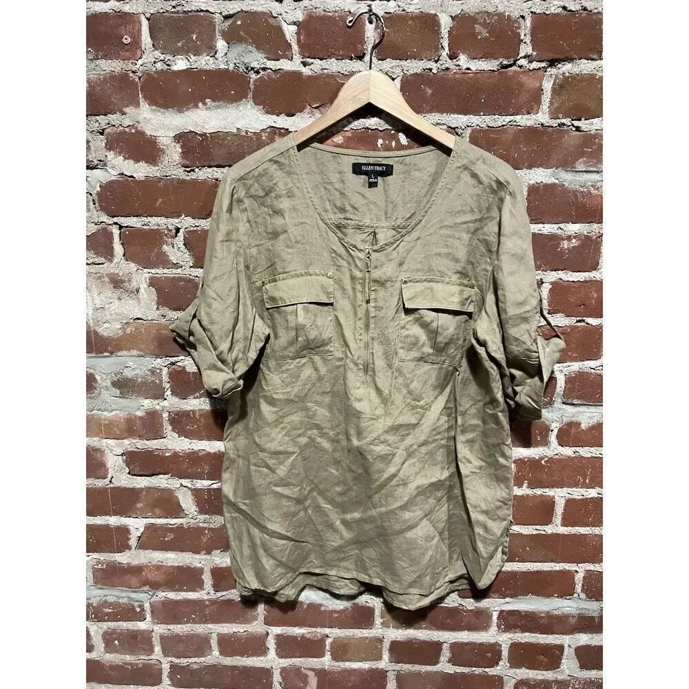 Ellen Tracy Womens Brown Short Sleeve Linen Blouse Top Size Large 1/4 Zip
